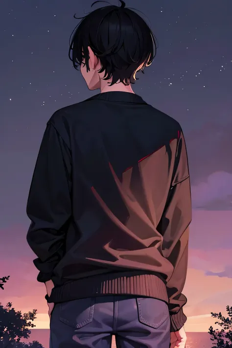 Homem, olhando para o lado esquerdo, com curto, slightly messy black hair, at night with dark purple sky, just focus on the head, he has his back, olhando para o lado esquerdo