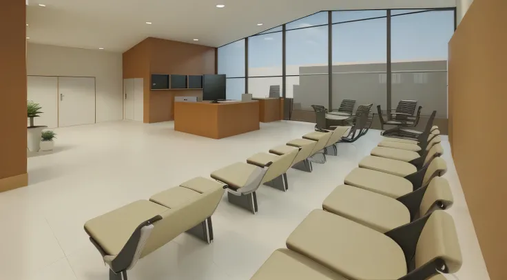 there is a room with a lot of chairs and a desk, waiting room, 3 d renders, 3 d rendered, 3d rendered, highly rendered!!, 3d rendered model, pre-rendered, doctors office, hospital interior, 3d rendering, 3 d rendering, surgery theatre, rendered 3d model, d...