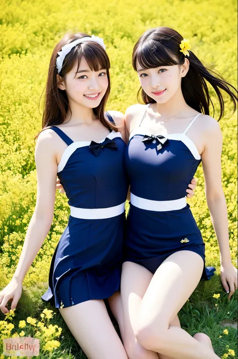 2 girls in canola flower field under cherry blossoms,navy blue skirted school swimsuit with white trim,18-year-old,bangs,a little smile,thighs,knees,straight hair with barrette with white bow,hair browing in wind,from below,front light