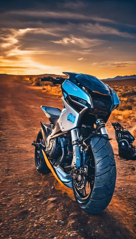 there is a motorcycle parked on the side of the road, hdr photo, hdr shot, taken with the best dlsr camera, touring, background blur, post processed, hdr, dusk setting, with sunset, night setting, super wide, taken on go pro hero8, front side full, backgro...