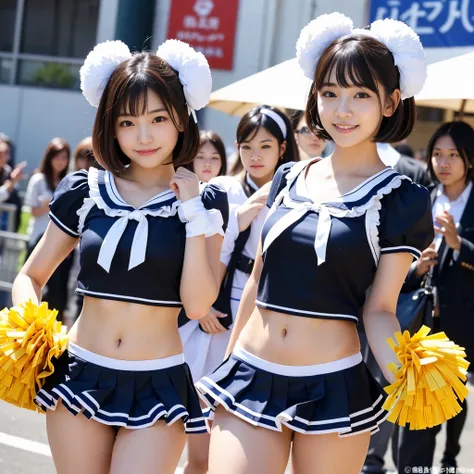 Best-quality, Masterpiece, Ultra-High-Resolution, (Photorealistic:1.4), Raw-Photo, Extremely-Details, Perfect-Anatomy, 1girl, 15-years-old, the most famous Japanese idol, cowboy-shot, looking at viewer, innocent-smile, (wearing cheerleading-costume with cu...