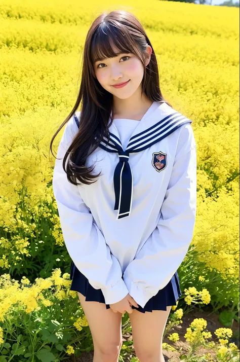 girl in canola flower field under cherry blossoms,long-sleeved sailor ,18-year-old,bangs,a little smile,thighs,knees,straight hair with barrette with white bow,hair browing in wind,from below,front light