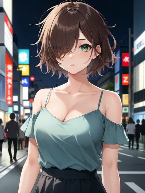 1girl, solo, mature female, brown hair, (hair over one eye:1.2), hair over left eye, short hair, messy hair, pixie cut, asymmetrical bangs, hair between eyes, green eyes, blue shirt, bare shoulder, collarbone, cleavage, black skirt, street, night, tokyo, s...