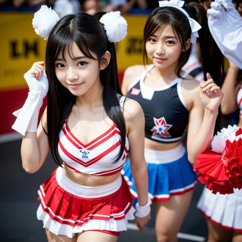 Best-quality, Masterpiece, Ultra-High-Resolution, (Photorealistic:1.4), Raw-Photo, Extremely-Details, Perfect-Anatomy, 1girl, 15-years-old, the most famous Japanese idol, cowboy-shot, looking at viewer, innocent-smile, (wearing cheerleading-costume with cu...