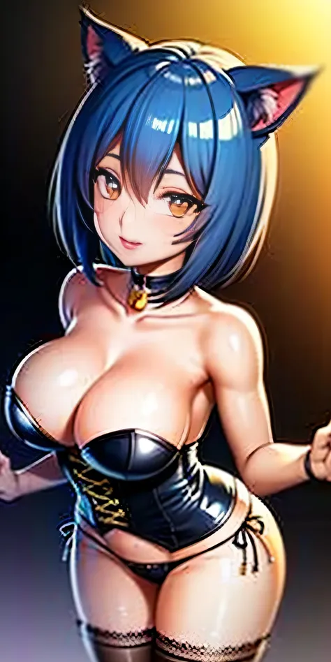 Intricate details: "((a sexy animated lady poses in revealing clothes while in fire-lit fantasy setting, firm breasts, 1girl 18 years old, animal ears, short hair, panties, black panties, underwear, cat ears, looking at viewer, thighhighs, cleavage, corset...