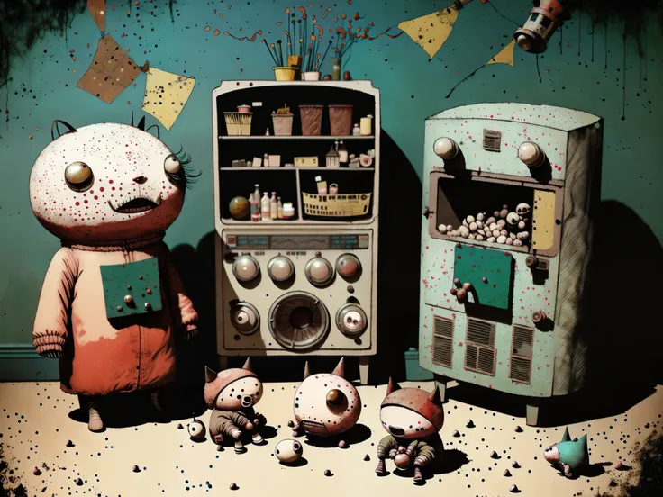 retro:1.3, children playing in their messy room full of toys:1.3,（１Body）, earth and cyan color, punk, happy, Optimistic, disorder in the room, Jerome Hieronymus Hieronymus, Gabriel Pacheco:1.3、old room background、lighting retro