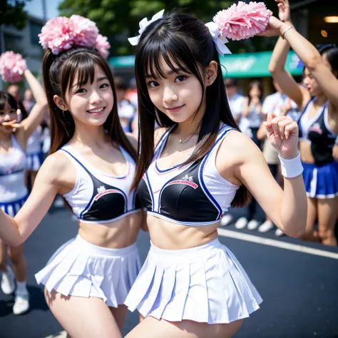 Best-quality, Masterpiece, Ultra-High-Resolution, (Photorealistic:1.4), Raw-Photo, Extremely-Details, Perfect-Anatomy, 1girl, 15-years-old, the most famous Japanese idol, looking at viewer, innocent-smile, (wearing cheerleading-costume with cute-design, pl...