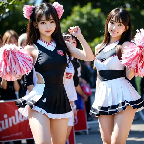 Best-quality, Masterpiece, Ultra-High-Resolution, (Photorealistic:1.4), Raw-Photo, Extremely-Details, Perfect-Anatomy, 1girl, 15-years-old, the most famous Japanese idol, looking at viewer, innocent-smile, (wearing cheerleading-costume with cute-design, pl...