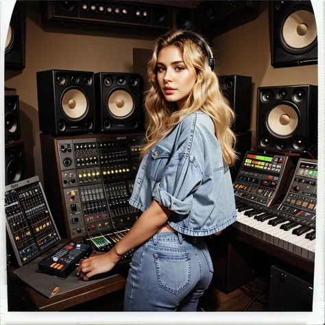   In Studio Record music,Vista lateral do modo noturno Polaroid Kodak, vestindo jeans, roupas grandes dos anos 90[obra de arte], [Haiza is a young Brazilian model, Olhos limpos, ((messy long blonde platinum hair from the 80s)), Pele bronzeada HD, labios gr...