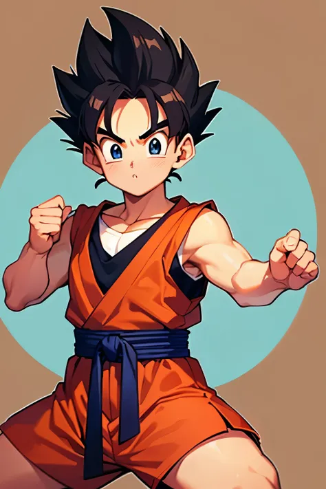 1 boy, wearing red martial arts gi, kid gohan hairstyle, dragon ball background, (tan skin), dark skin color)