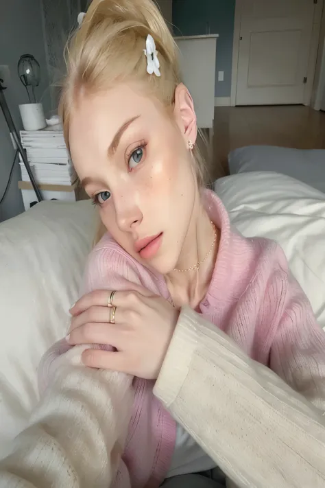 Blonde woman in a pink sweater and a white sweater on a bed, pale skin y brillante, pale skin, suave e impecable, pale skin marfil, she parece una mezcla de mugre, anna nikonova aka new milkmaid, parece una mezcla de mugre, extremely pale white skin, con p...