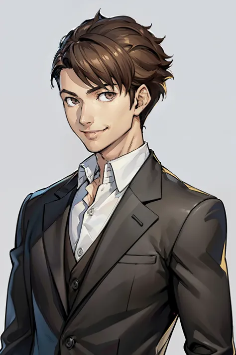 (masterpiece, highest quality:1.2),Good physique、黒いsuitを着て立っているアニメのキャラクター,suit、 ((masterpiece, highest quality)) 1 boy、((short hair、brown hair,undercut)、(smile)