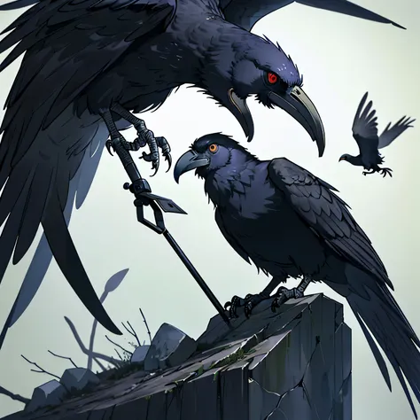 A raven perched atop a skull, its beady eyes fixed on a microphone that hung ominously before it. The birds feathers were matte black, shimmering in the dim light. Its beak was curved and sharp, ready to deliver a chilling cry at a moments notice. The skul...