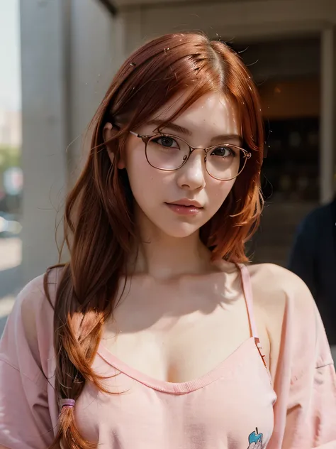 calidad superior, forma, super detailed, high resolution, there is a woman con gafas, tendencias belle delphine, amoranto, better known as amoranto, Con cabello rojo, inspirado en Ayami Kojima, con gafas, tiene el pelo largo de color naranja, joven y hermo...