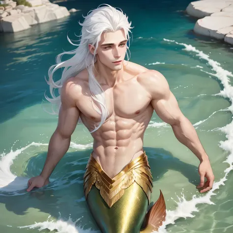 Mermaid hybrid male cartoon character, with a radiant 24k profile picture, sporting pure white hair cascading down his shoulders, and warm chestnut brown eyes that gleam with charm.