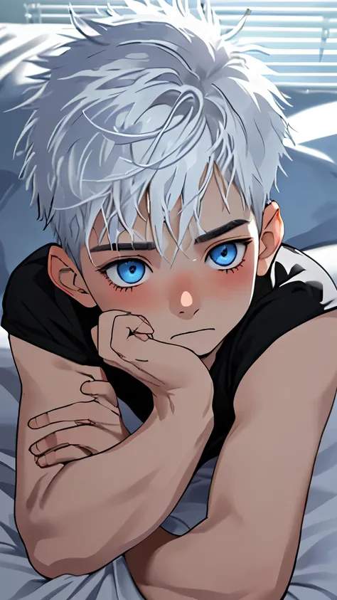 1boy, cute boy, black shirt and black pants, (white hair:1.2), short hair, messy hair, looking at viewer, blushing, (photo realistic:1.2), detailed eyes, blue sky eyes, lying on the bed, (solo:1.2), fair skin