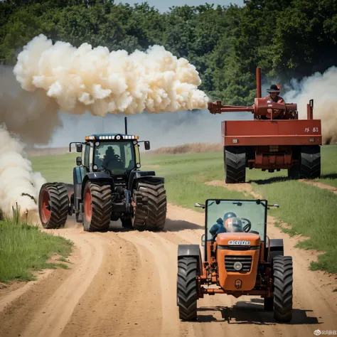  A tractor pulls a tank behind it 