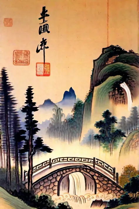 traditional wall landscape，painting style tradition, simple and sophisticated，rolling mountains in the distance，the waterfall ha...