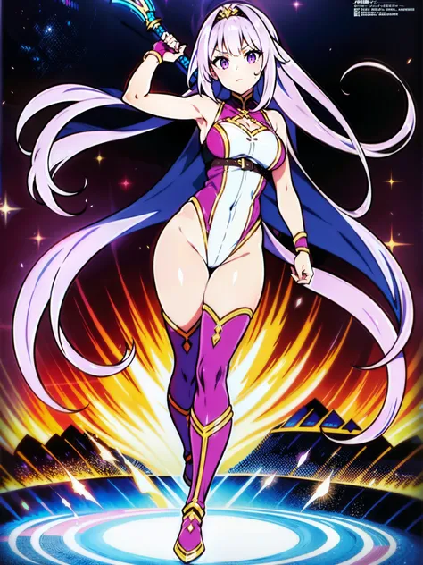 1girl has a tall figure and has is long, purple hair. She wears a white leotard, combined with black line elements. She wears a white hair ornament and carries an extremely large golden sword. bare legs, white boots, full body 