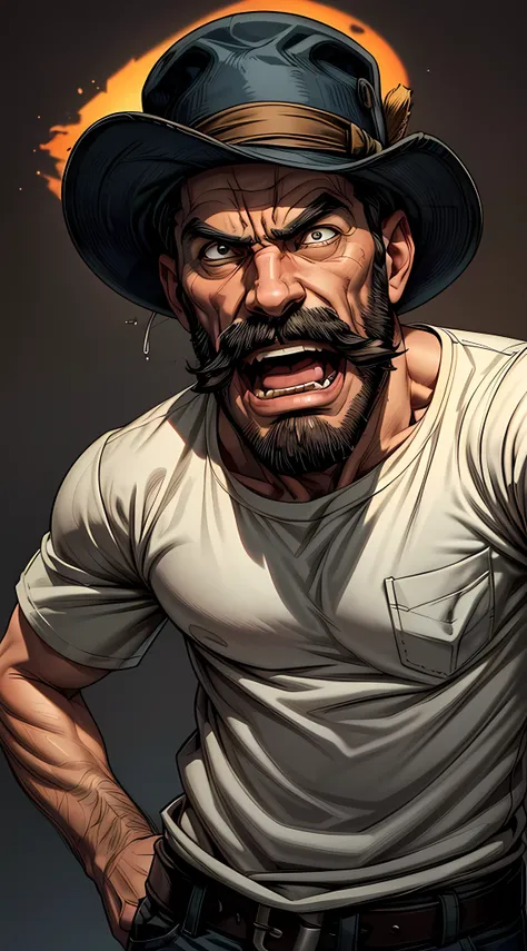 Nesta imagem, a man with a mustache and hat is making a face. He has his mouth open and his teeth are showing, with expressions of anger, looking at the camera. He is wearing a shirt with pockets and a hat on his head. The background is dark