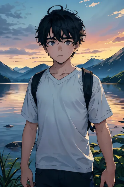 A young-looking boy is standing in the foreground, looking straight ahead and a serene expression on his face. Behind him, Majestic mountains covered in lush vegetation rise. The sky is filled with the warm colors of the sunset, creating a magical and tran...