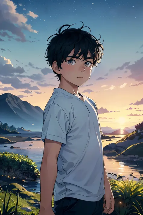 A young-looking boy is standing in the foreground, looking straight ahead and a serene expression on his face. Behind him, Majestic mountains covered in lush vegetation rise. The sky is filled with the warm colors of the sunset, creating a magical and tran...