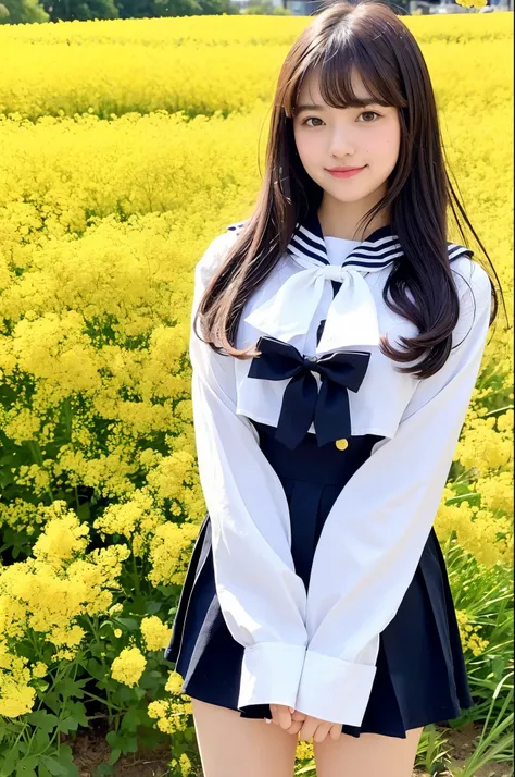 girl in canola flower field under cherry blossoms,long-sleeved sailor ,18-year-old,bangs,a little smile,thighs,knees,straight hair with barrette with white bow,hair browing in wind,from below,front light