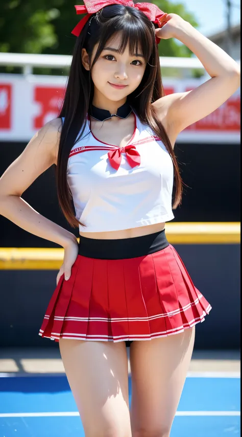 Best-quality, Masterpiece, Ultra-High-Resolution, (Photorealistic:1.4), Raw-Photo, Extremely-Details, Perfect-Anatomy, 1girl, 15-years-old, the most famous Japanese idol, looking at viewer, innocent-smile, (wearing cheerleading-costume with cute-design, pl...