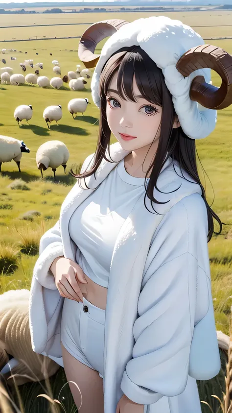 (((masterpiece))),((highest quality)),one beautiful japanese girl,pale, (Character that is a combination of human and sheep.: 1.5), (the presence of sheep horns on the head,:1.5)、gray hair、(belly button)、((fluffy white clothes)), (wool white clothes: 1.5),...