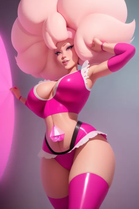 pnkdamond, pink hair, pink eyes,  big hair,  stomach gem,  pink skin,  toned, 
puffy short sleeves, elbow gloves ,  white thighhighs,   puffy dress, 
standing, upper body, 
 outerspace,  
(insanely detailed, beautiful detailed face,beautiful detailed eyes,...