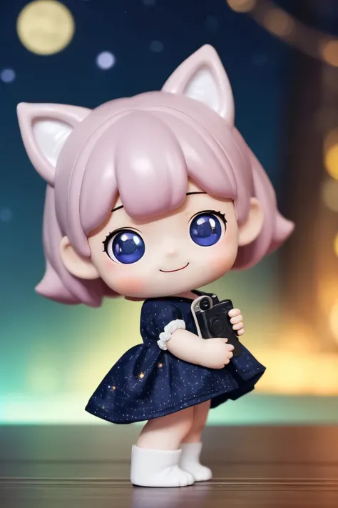 The following scenes will be expressed using chibi girl dolls.（Photoreal、pointing at the stars in the night sky、smile、Cat at feet、Take a photo from the side）