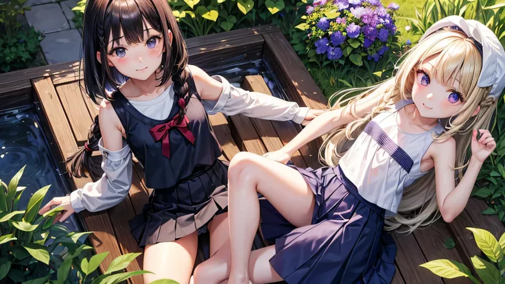 very cute girl、I&#39;m 11 years old、dark brown hair、medium long hair、purple eyes、smile、透き通ったwhite skin、Navy blue tank top、navy blue blitz skirt、bob cut、short hair、blue eyes、whole body、grassland、8K、4k、High resolution、fine-grained、2 girls 、I&#39;m 11 years o...