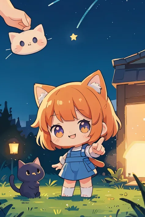 The following scenes will be expressed using chibi girl dolls.（Photoreal、pointing at the stars in the night sky、smile、Cat at feet、Take a photo from the side）