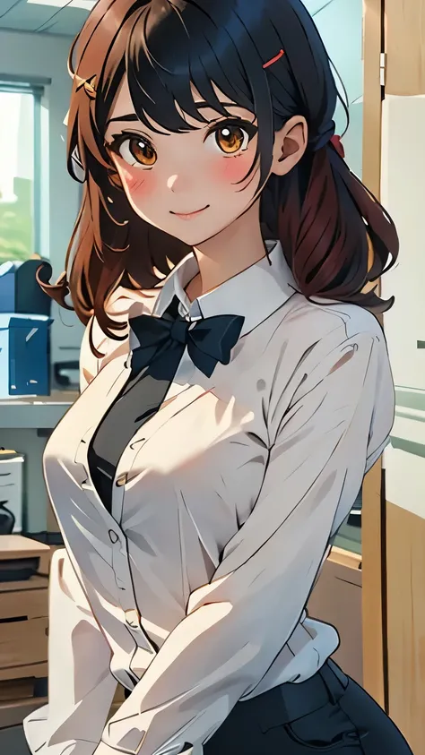 masterpiece, highest quality, Super detailed, figure, spectacular lighting, cinematic composition, isometric, 1 girl, alone, cute, brown eyes, black hair, flowing bangs, single side lock, red hair clip, white collared shirt, black tie, black pants, formal,...