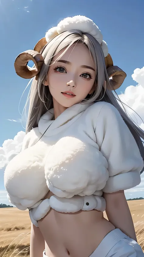 (((masterpiece))),((highest quality)),one beautiful japanese girl,pale, (Character that is a combination of human and sheep.: 1.5), (the presence of sheep horns on the head,:1.5)、gray hair、(belly button)、((fluffy white clothes)), (wool white clothes: 1.5),...