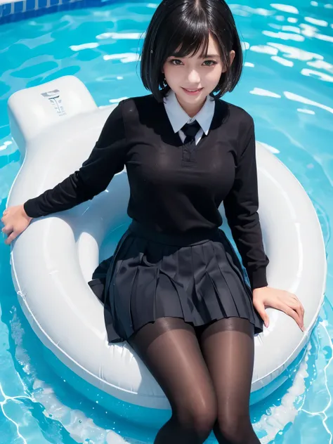 (((Beautiful girl in her school uniform riding a large float floating in the pool)))、(((wet 、wet bob hair、Wet hair、pleated skirt、Black pantyhose)))、smile