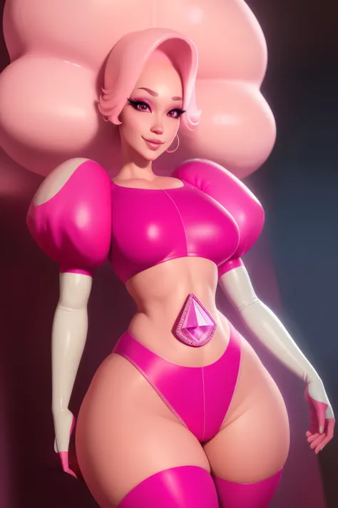 pnkdamond, pink hair, pink eyes,  big hair,  stomach gem,  pink skin,  toned, 
puffy short sleeves, elbow gloves ,  white thighhighs,   puffy dress, 
standing, upper body, 
 outerspace,  
(insanely detailed, beautiful detailed face,beautiful detailed eyes,...