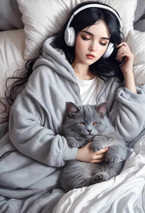 Young black hair isabelle Adjani look alike woman laying in bed and wearing a king sized grey sherpa hoodie with a white headphones with her nebelung cat asleep, very beautiful cute, cute digital art, nightcore, digital anime illustration, cute idetailed d...