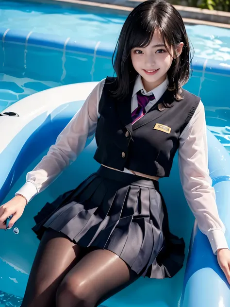 (((Beautiful girl in her school uniform riding a large float floating in the pool)))、(((wet 、wet bob hair、Wet hair、pleated skirt、Black pantyhose)))、smile