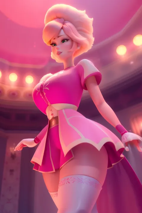 pnkdamond, pink hair, pink eyes,  big hair,  stomach gem,  pink skin,  toned, 
puffy short sleeves, elbow gloves ,  white thighhighs,   puffy dress, 
standing, upper body, 
 outerspace,  
(insanely detailed, beautiful detailed face,beautiful detailed eyes,...