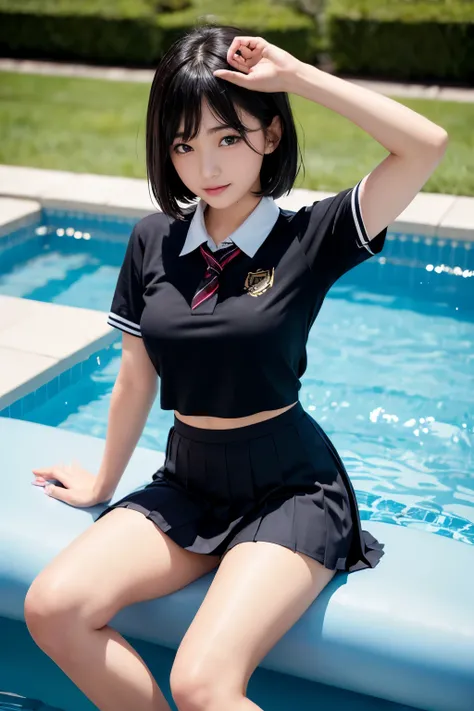 (((Beautiful girl in her school uniform riding a large float floating in the pool)))、(((wet 、wet bob hair、Wet hair、pleated skirt、Black pantyhose)))、smile、( absurdly,high quality , Super detailed),(See photographer )