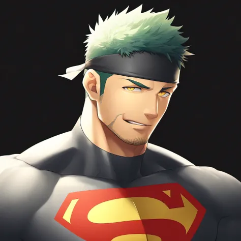 anime characters：Guy, priapus, 1 young muscular man, male focus, Sporty black headband, turtleneck superman tight t-shirt, superman logo, muscular male, muscular, only, Upper body, alone, white short hair, stubble, yellow eyes, blink, black background, Sim...