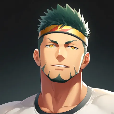 anime characters：Guy, priapus, 1 young muscular man, male focus, Sporty black headband, turtleneck superman tight t-shirt, superman logo, muscular male, muscular, only, Upper body, alone, white short hair, stubble, yellow eyes, blink, black background, Sim...