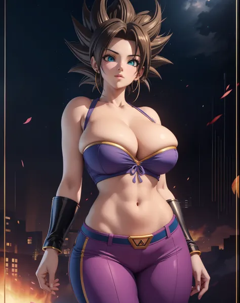 Obra maestra, un primer plano de una mujer con un top morado y pantalones morados, chica saiyajin, fubuki, anime estilo 3d, goku femenino, anime 3d realista, estilo anime realista 3d, anime muy detallado, anime rudo 8K, cuerpo perfecto sombreado realista, ...