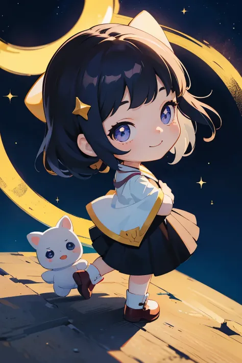 The following scenes will be expressed using chibi girl dolls.（Photoreal、Looking up at the stars in the night sky and pointing、eye up、smile、Take a photo from the side）