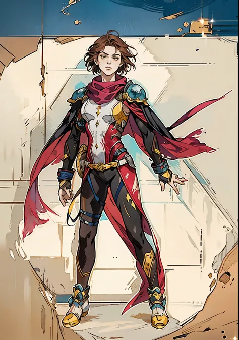 A teenager girl with short brown hair, delicate features, a focused gaze, a determined expression, she has a petite figure akin to a gymnast, adorned with a long flowing cape-like scarf in red and yellow hues, a fantasy-realism-style gymnastics leotard wit...