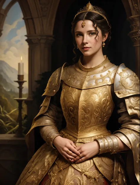 pintura de uma mulher com um vestido vermelho e um capacete dourado, realistic Retrato renascentista, pintura digital renascentista, obra de arte! retrato de arwen, linda pintura de personagem, Retrato renascentista, pintura de retrato de uma princesa, fan...