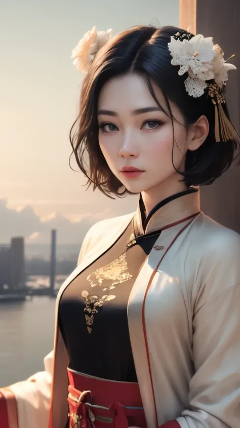 Exquisite and delicate Chinese Hanfu，short black hair，Naturally straight hair，exquisite craftsmanship，good facial features，Peerless beauty，softness，fantastic quality，Real light and shadow，super fine black hair，Put on ice flower dress，She wears beautiful ha...