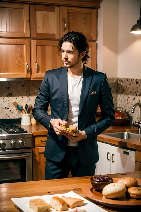 Realistic photography, handsome man , kitchen