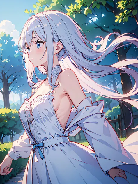 RAW Photography, (((Very Beautiful Portrait))), (Very Beautiful Portrait))), 1 anime girl, 19 year old, innocent, long silver hair, deep blue eyes, lost in thought, (dreamy eyes), walking through gardens, ((gentle wind)), wearing loose medieval dress, (fin...